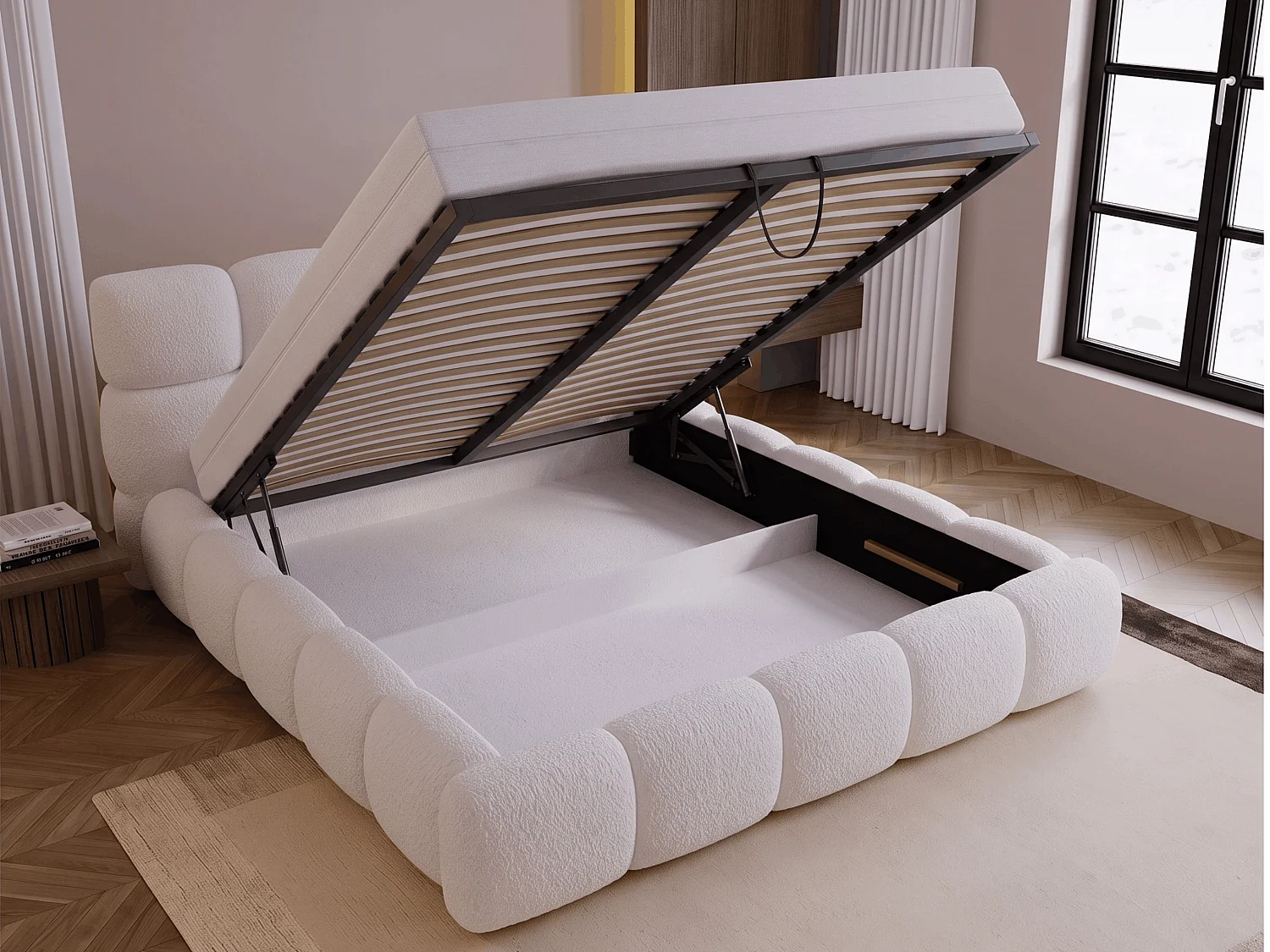 BESILIO Gestoffeerd bed 200x200 bouclé Boston – bed met opbergruimte en metalen lattenbodem, modern opbergbed met dikke schuimvulling – Zwart