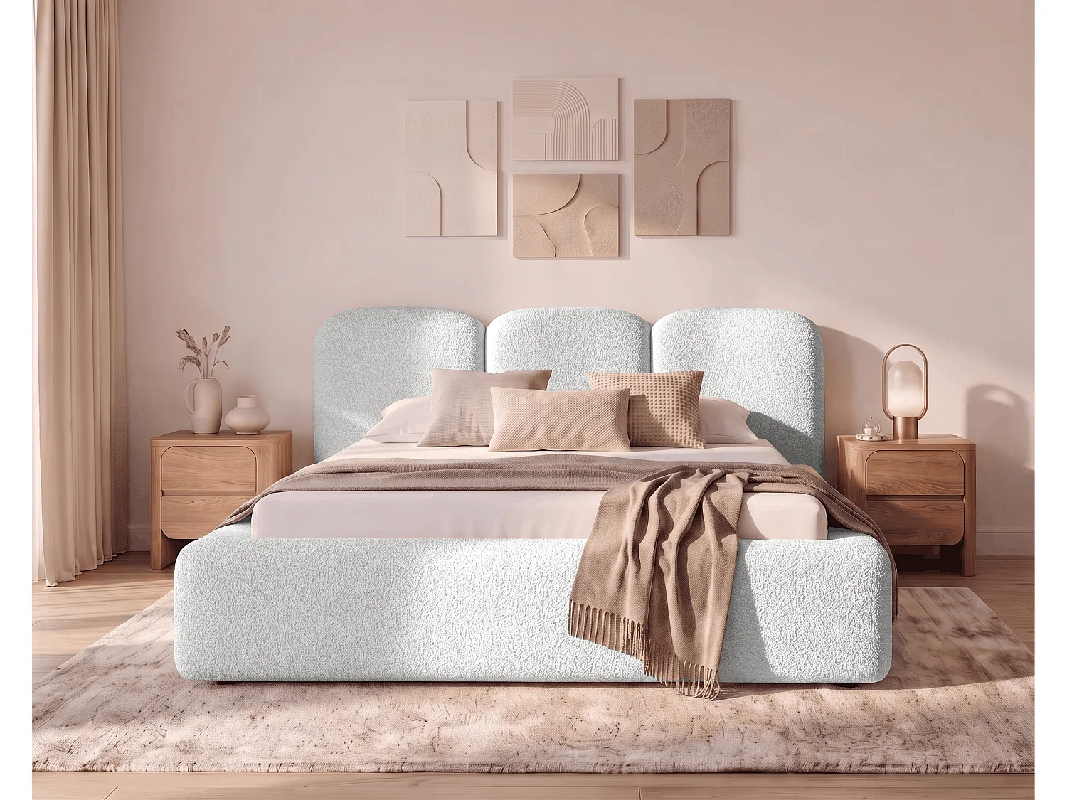 BESILIO Bouclé gestoffeerd bed Santiago 160x200 met opbergruimte en metalen lattenbodem, dikke zijkanten - Lichtgrijs