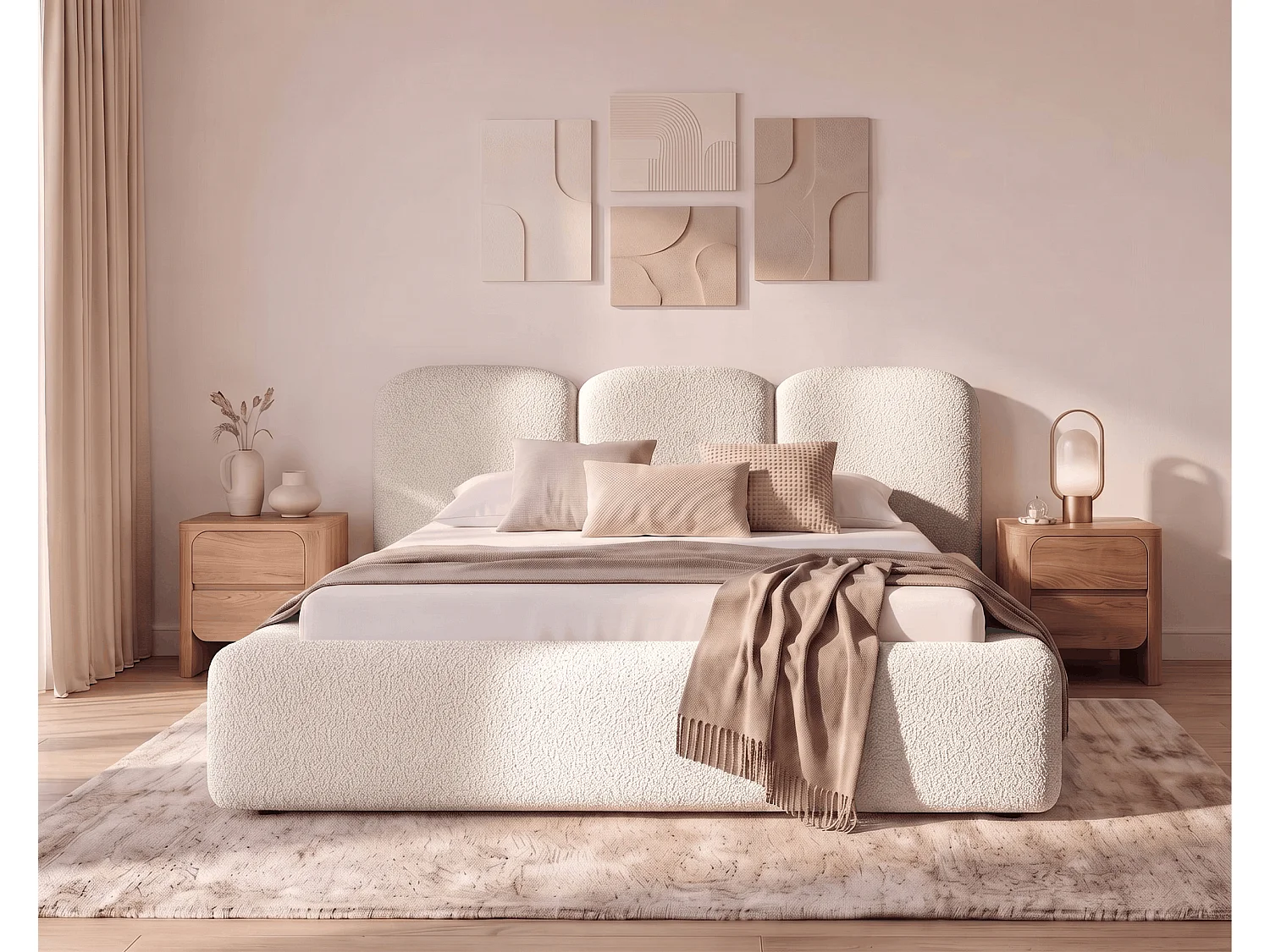 BESILIO Bouclé gestoffeerd bed Santiago 200x200 met opbergruimte en metalen lattenbodem, dikke zijkanten - Beige