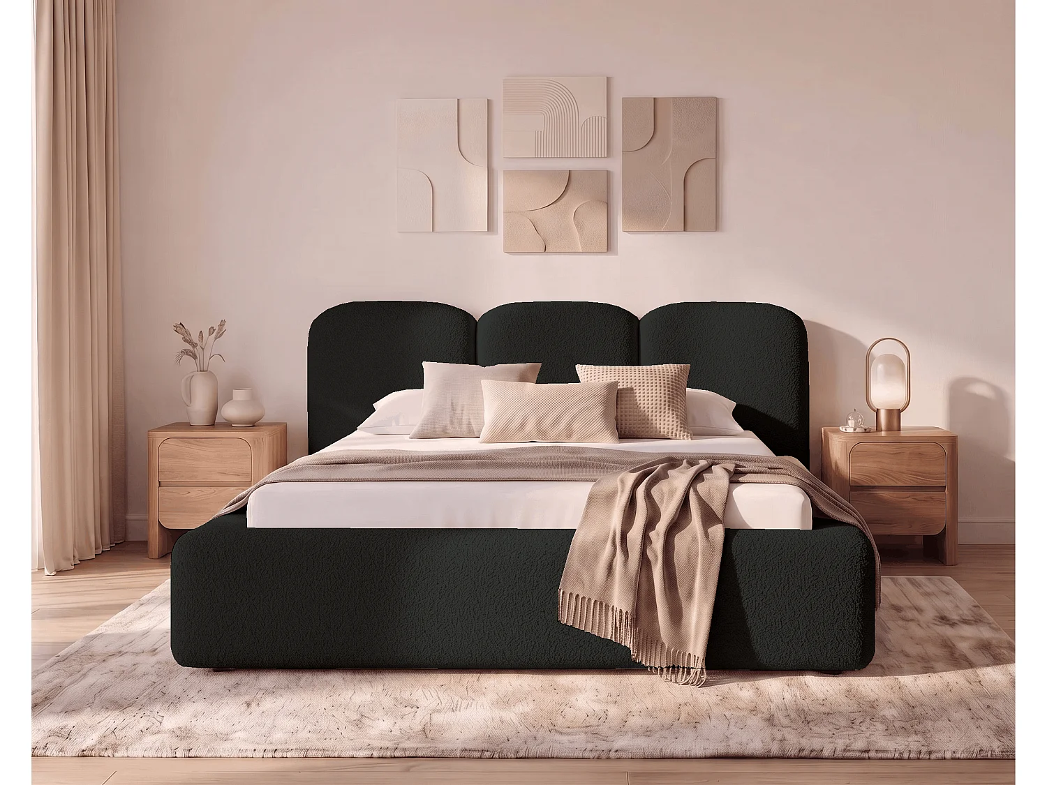 BESILIO Bouclé gestoffeerd bed Santiago 120x200 met opbergruimte en metalen lattenbodem, dikke zijkanten - Zwart
