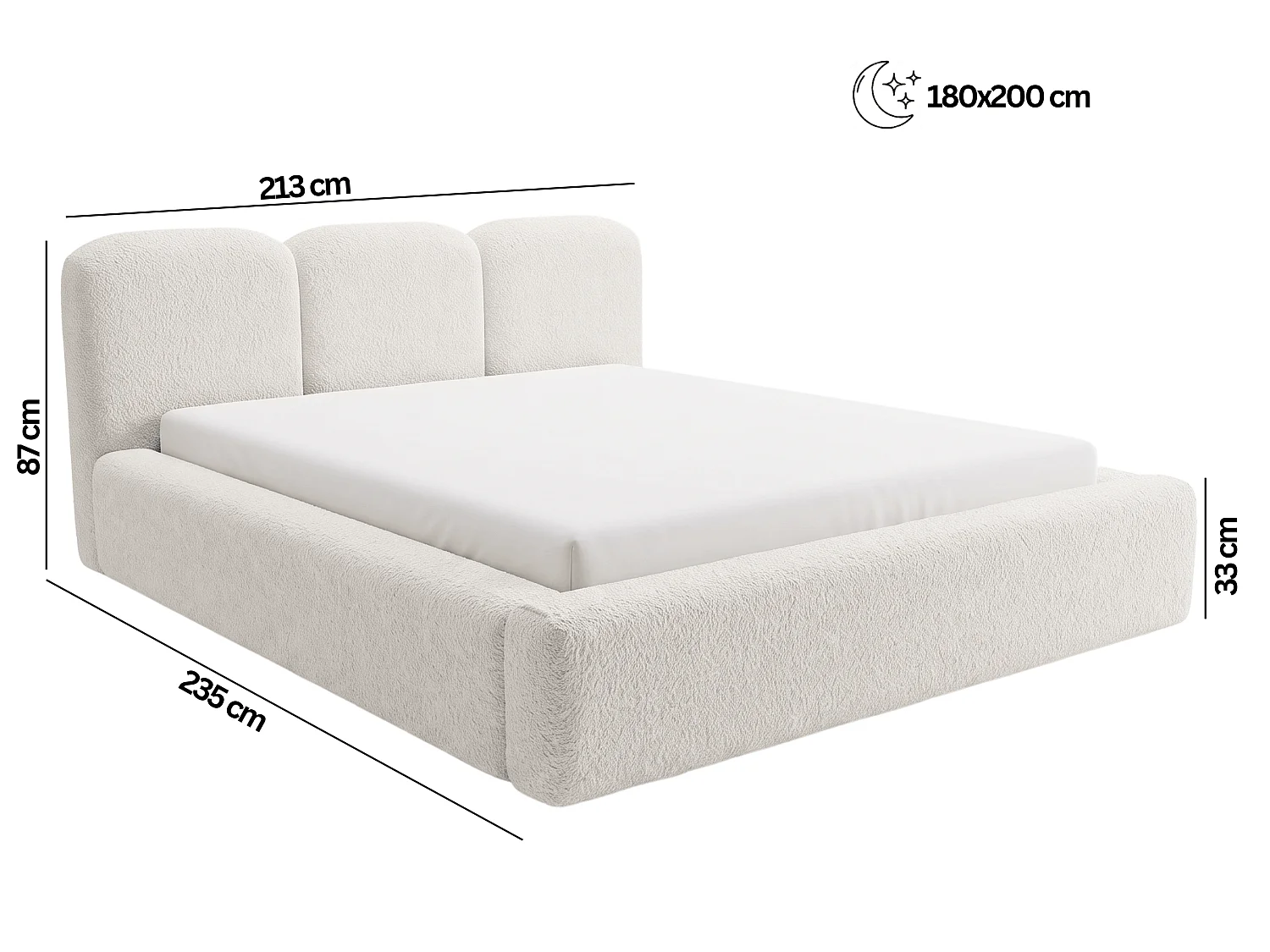 BESILIO Bouclé gestoffeerd bed Santiago 180x200 met opbergruimte en metalen lattenbodem, dikke zijkanten - Beige