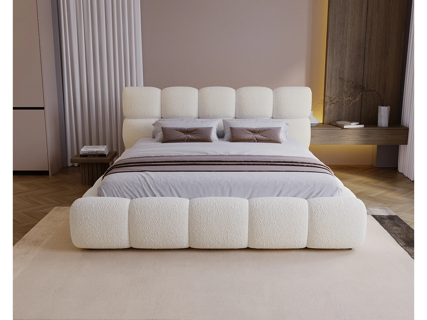 BESILIO Gestoffeerd bed 140x200 bouclé Boston – bed met opbergruimte en metalen lattenbodem, modern opbergbed met dikke schuimvulling – Crème