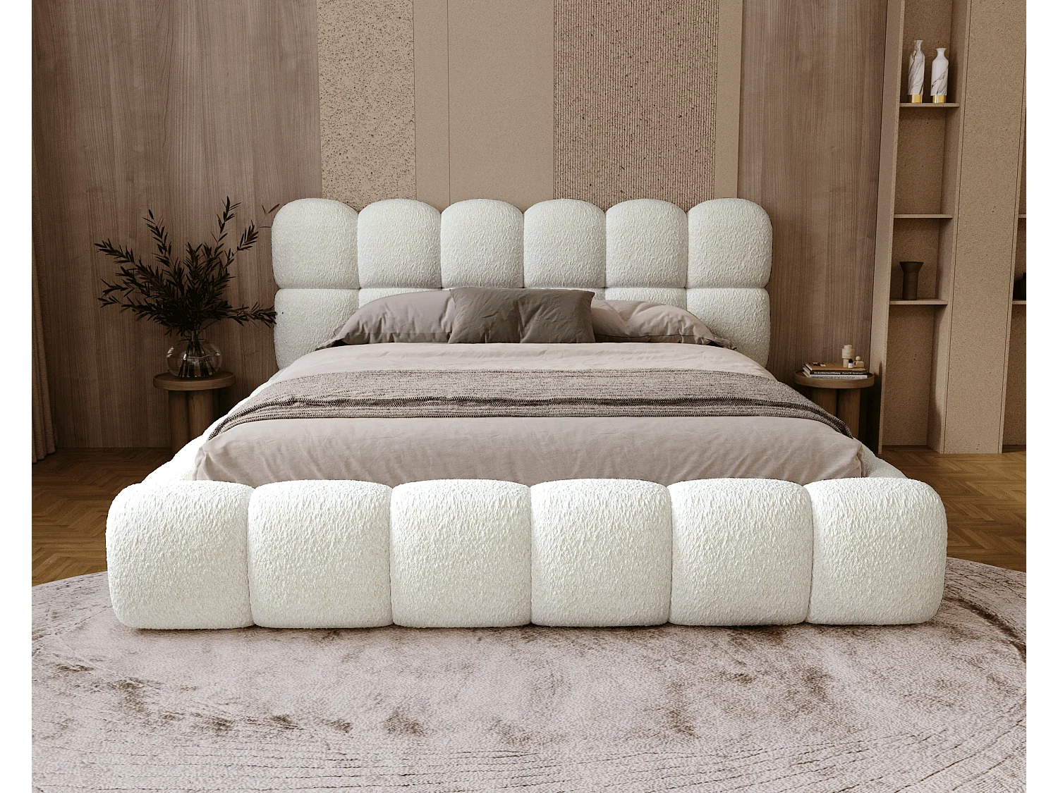 BESILIO Lit rembourré bouclé 120x200 Chicago - mousse épaisse, coffre de rangement et sommier - Crème