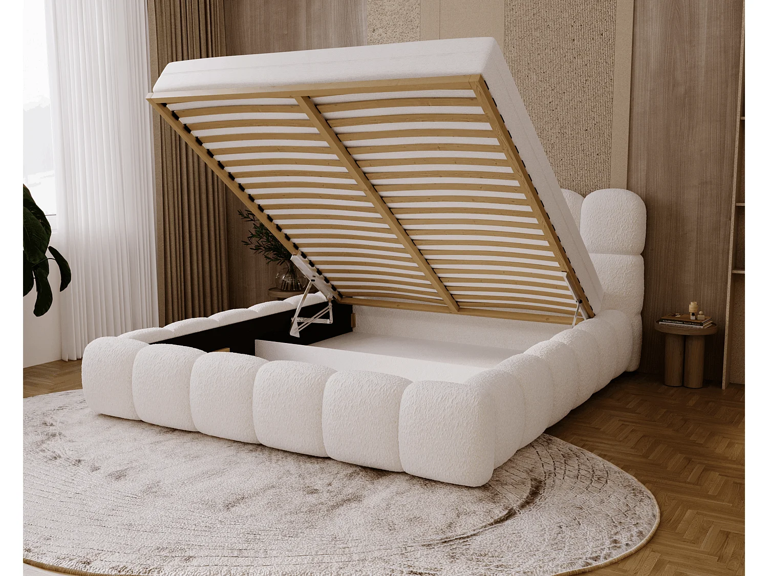 BESILIO Lit rembourré bouclé 120x200 Chicago - mousse épaisse, coffre de rangement et sommier - Crème