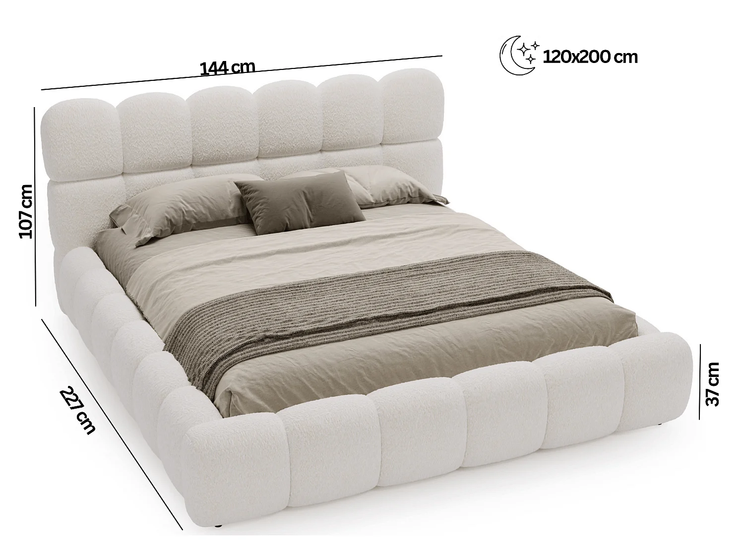 BESILIO Lit rembourré bouclé 120x200 Chicago - mousse épaisse, coffre de rangement et sommier - Crème