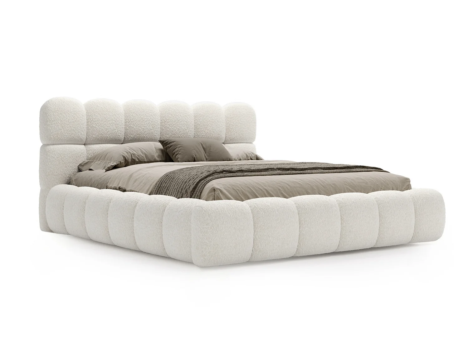 BESILIO Lit rembourré bouclé 120x200 Chicago - mousse épaisse, coffre de rangement et sommier - Crème