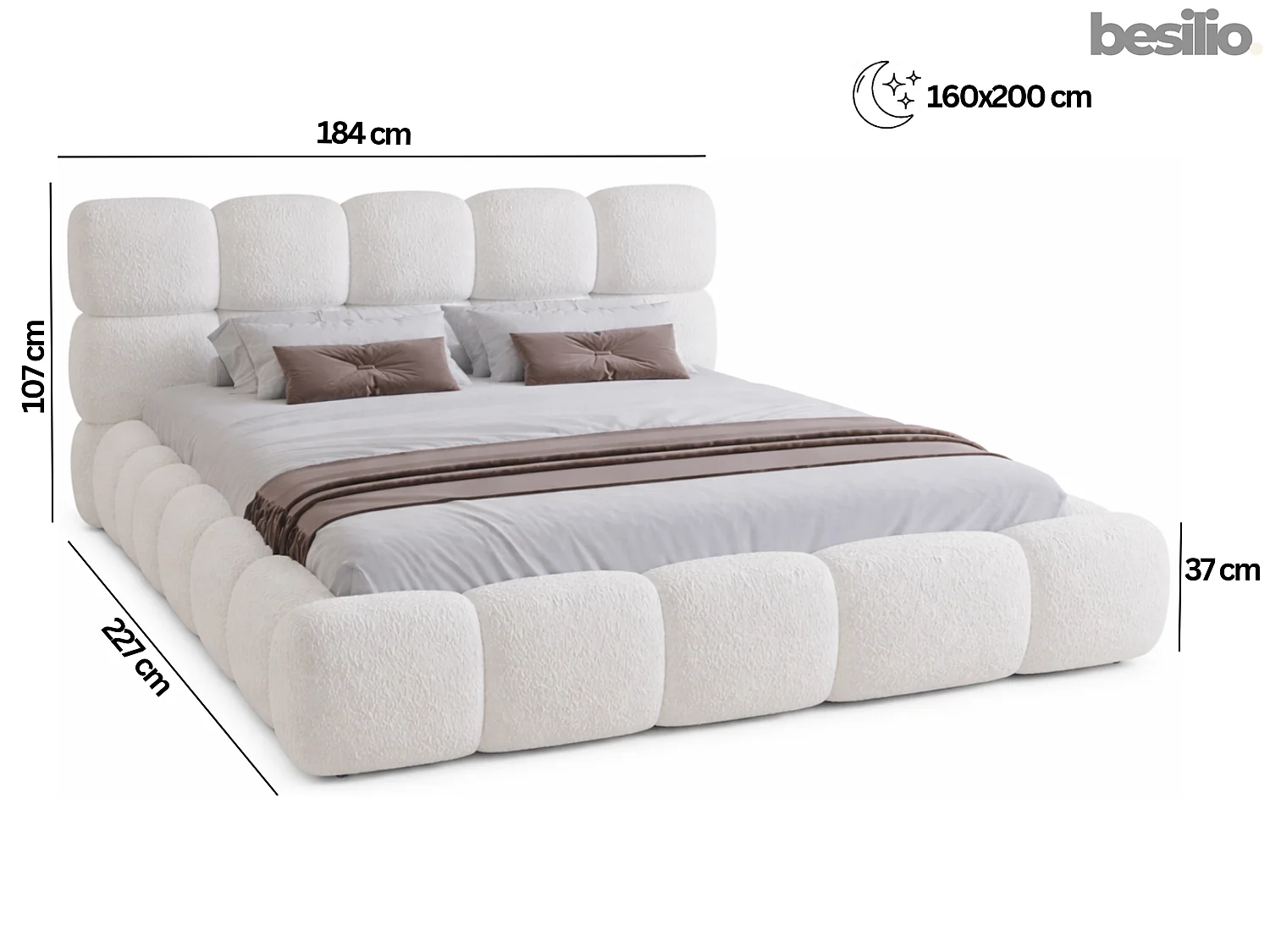 BESILIO Gestoffeerd bed 160x200 bouclé Boston – bed met opbergruimte en metalen lattenbodem, modern opbergbed met dikke schuimvulling – Crème
