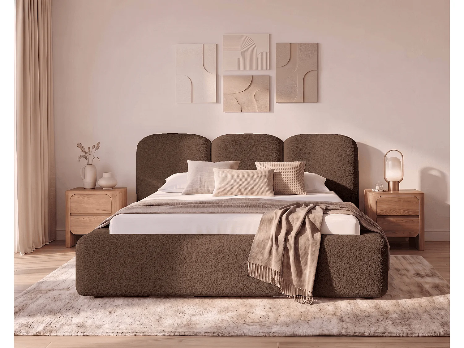 BESILIO Bouclé gestoffeerd bed Santiago 200x200 met opbergruimte en metalen lattenbodem, dikke zijkanten - Bruin