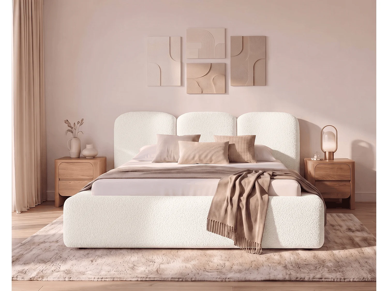 BESILIO Bouclé gestoffeerd bed Santiago 200x200 met opbergruimte en metalen lattenbodem, dikke zijkanten - Crème