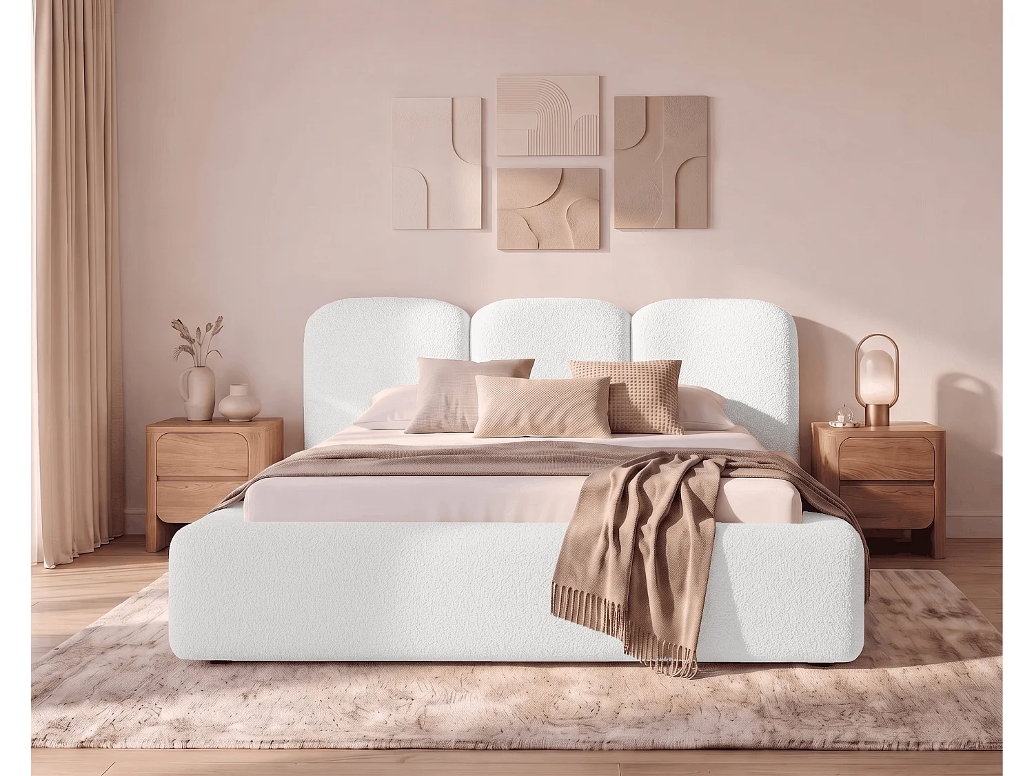 BESILIO Bouclé gestoffeerd bed Santiago 200x200 met opbergruimte en metalen lattenbodem, dikke zijkanten - Wit