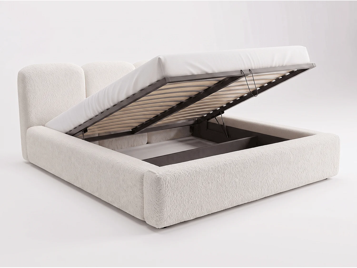 BESILIO Bouclé gestoffeerd bed Santiago 200x200 met opbergruimte en metalen lattenbodem, dikke zijkanten - Wit