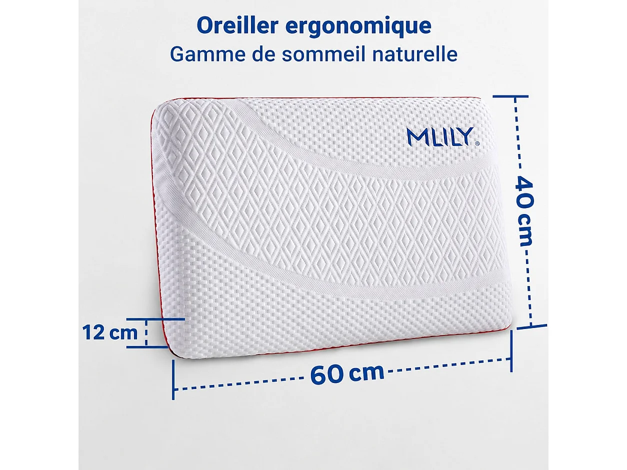 MLILY Oreiller ergonomique à mémoire de forme 60 x 40 x 12 cm, Mousse au charbon de bambou, Housse Tencel déhoussable et lavable