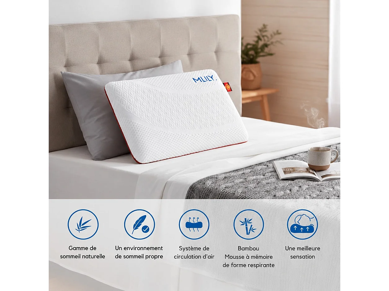 MLILY Oreiller ergonomique à mémoire de forme 60 x 40 x 12 cm, Mousse au charbon de bambou, Housse Tencel déhoussable et lavable
