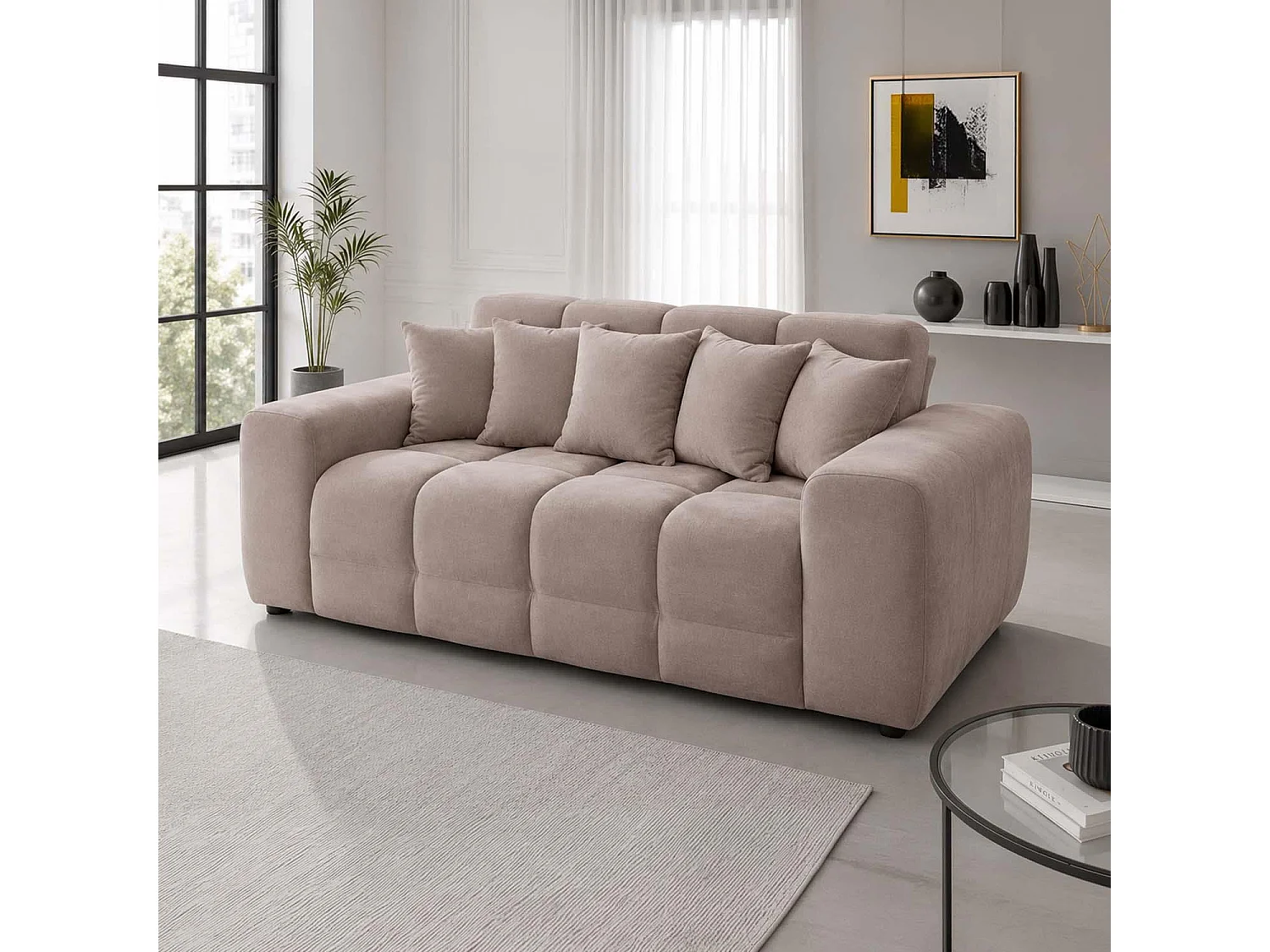 Jenson Beige 3 Seater Plush Velvet Sofa with Deep Seats