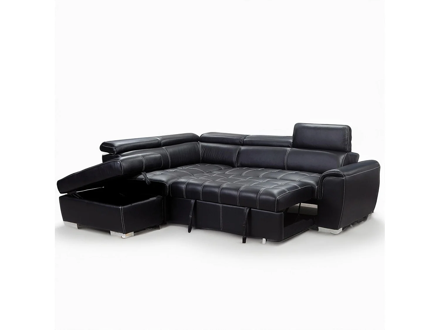 Nevada Black Leather Corner Sofa Bed with Storage Left Hand Facing