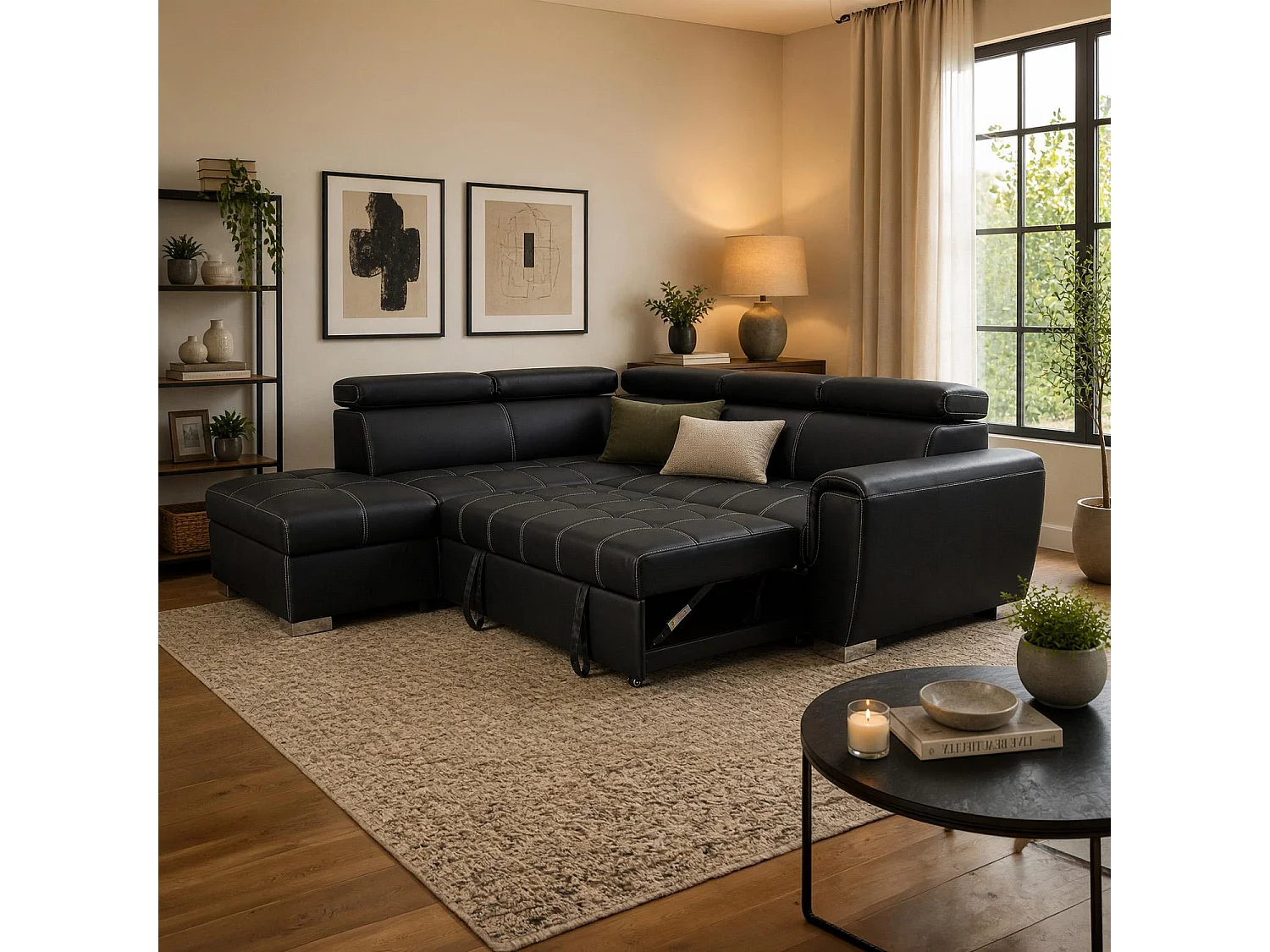 Nevada Black Leather Corner Sofa Bed with Storage Left Hand Facing