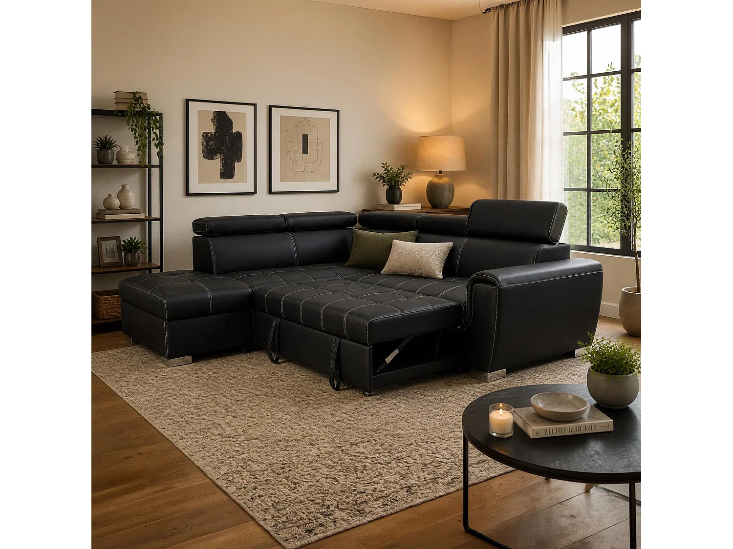 Nevada Black Leather Corner Sofa Bed with Storage Left Hand Facing
