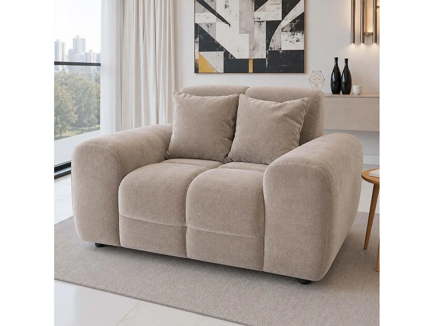 Jenson Beige Plush Velvet Armchair with Deep Seat & Thick Boxed Arms