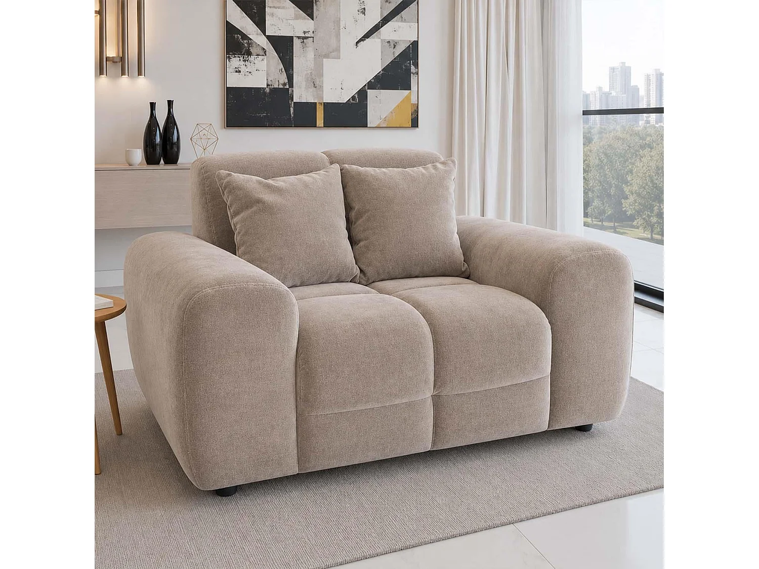 Jenson Beige Plush Velvet Armchair with Deep Seat & Thick Boxed Arms