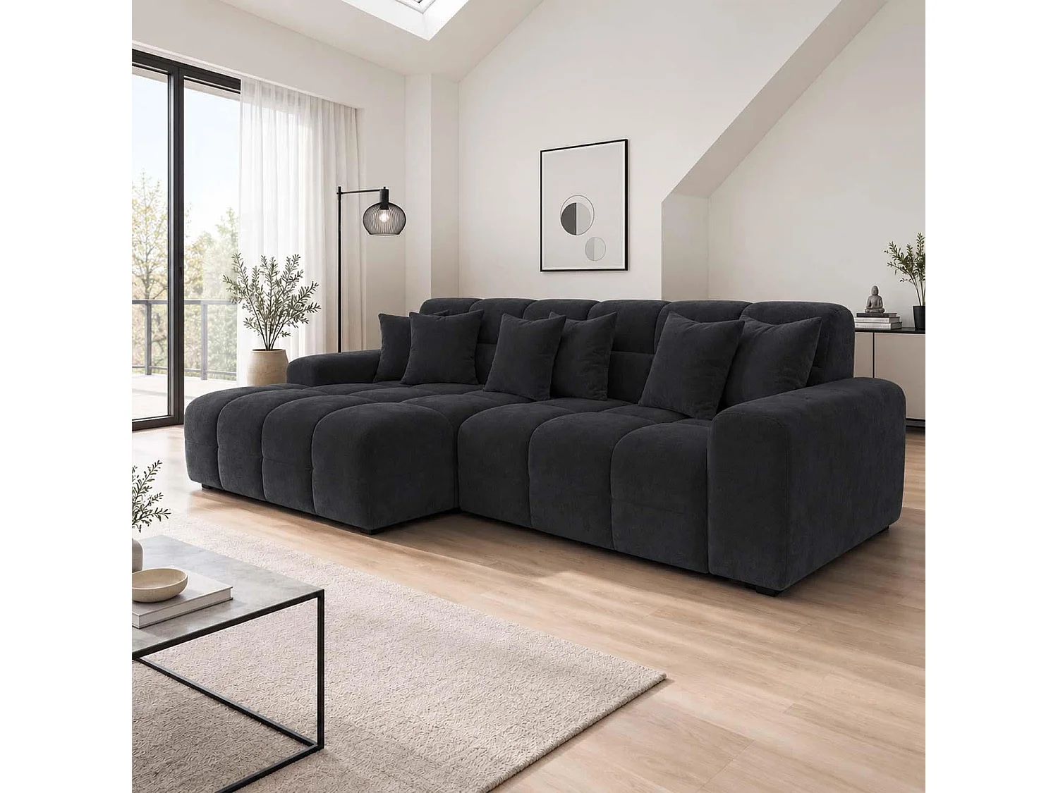 Jenson Black Left Hand Facing Plush Velvet Corner Sofa with Chaise