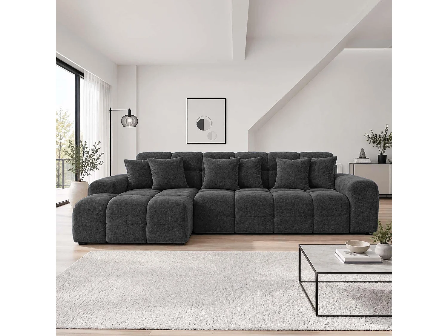 Jenson Black Left Hand Facing Plush Velvet Corner Sofa with Chaise