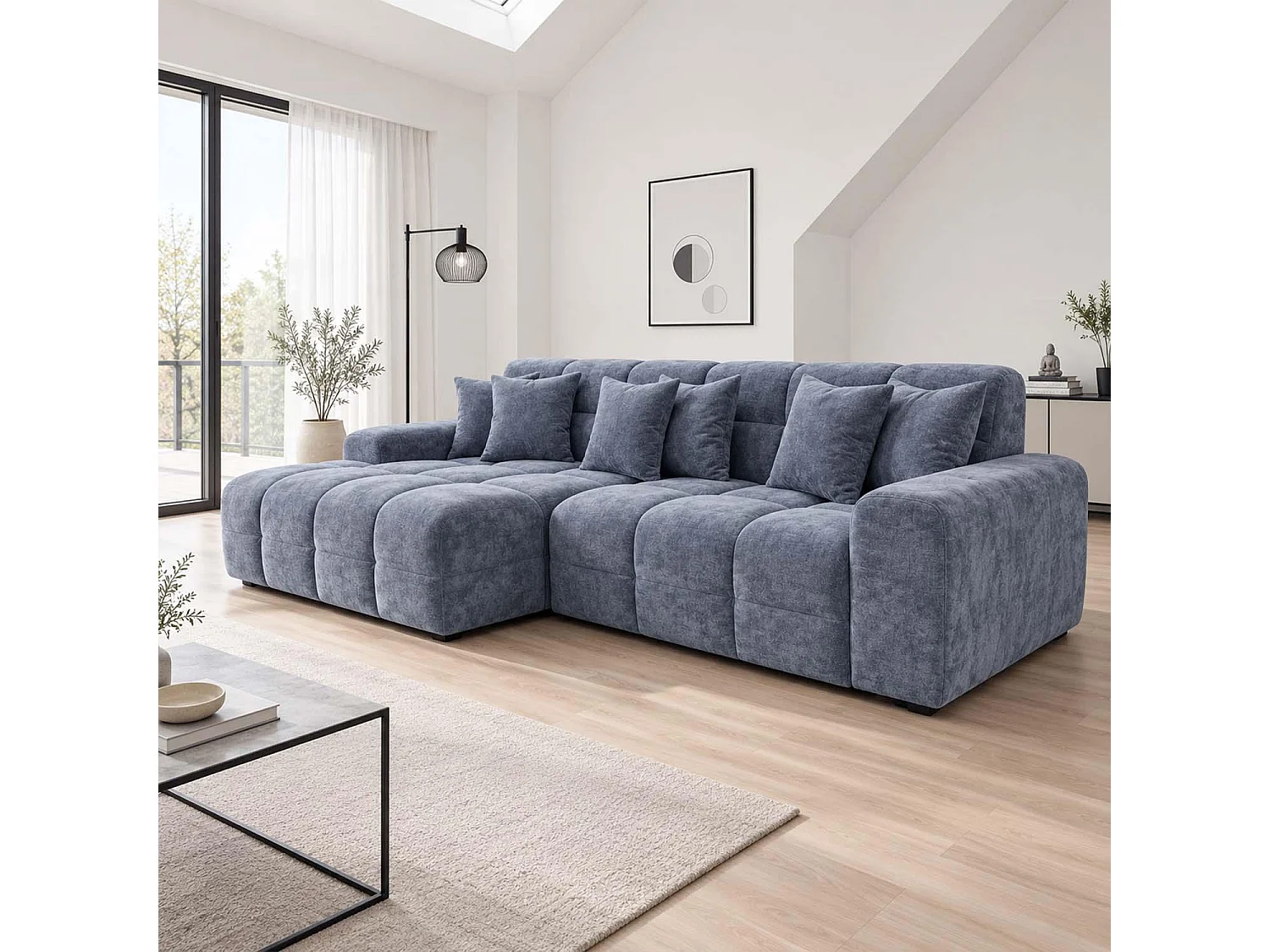Jenson Grey Left Hand Facing Plush Velvet Corner Sofa with Chaise