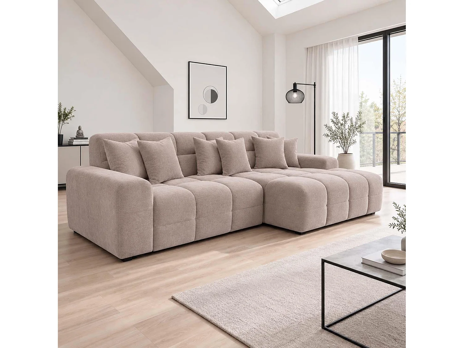 Jenson Beige Right Hand Facing Plush Velvet Corner Sofa with Chaise