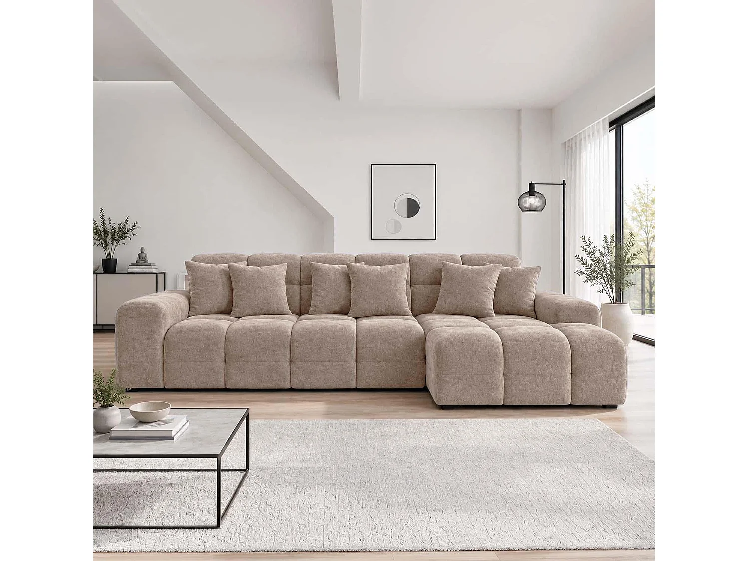 Jenson Beige Right Hand Facing Plush Velvet Corner Sofa with Chaise