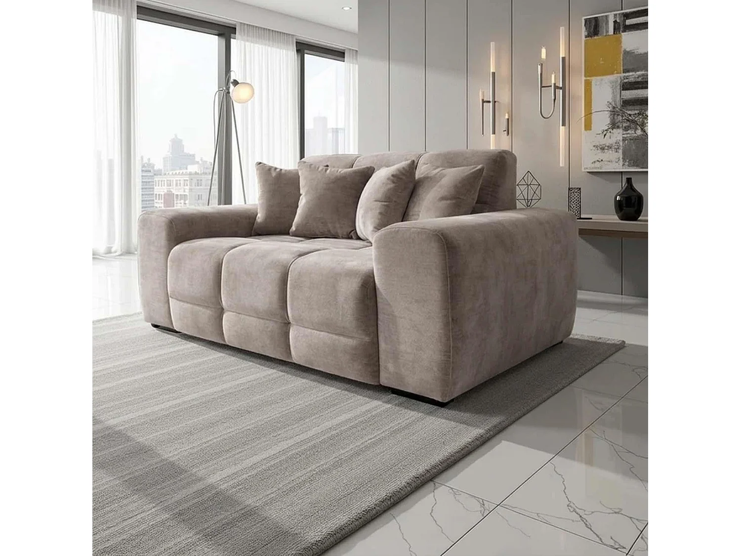 Jenson Beige 2 Seater Plush Velvet Sofa with Deep Seats
