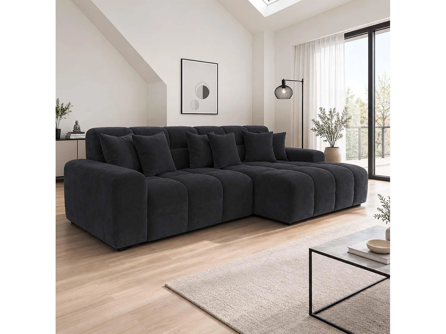 Jenson Black Right Hand Facing Plush Velvet Corner Sofa with Chaise