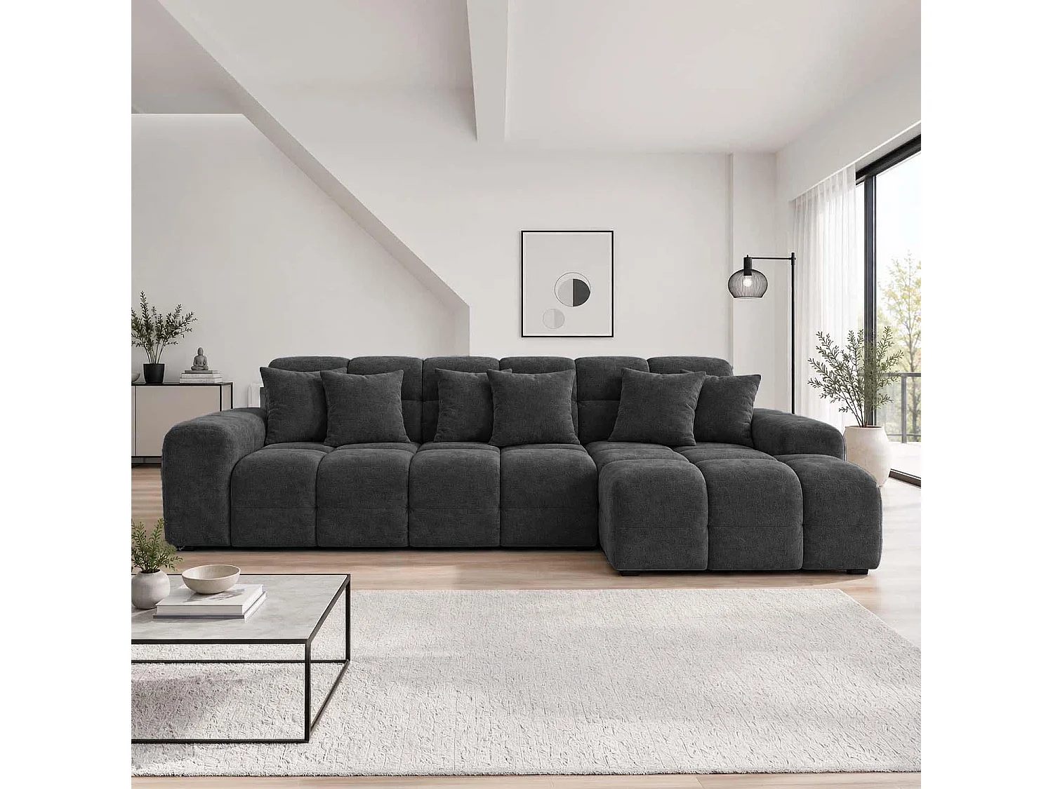 Jenson Black Right Hand Facing Plush Velvet Corner Sofa with Chaise