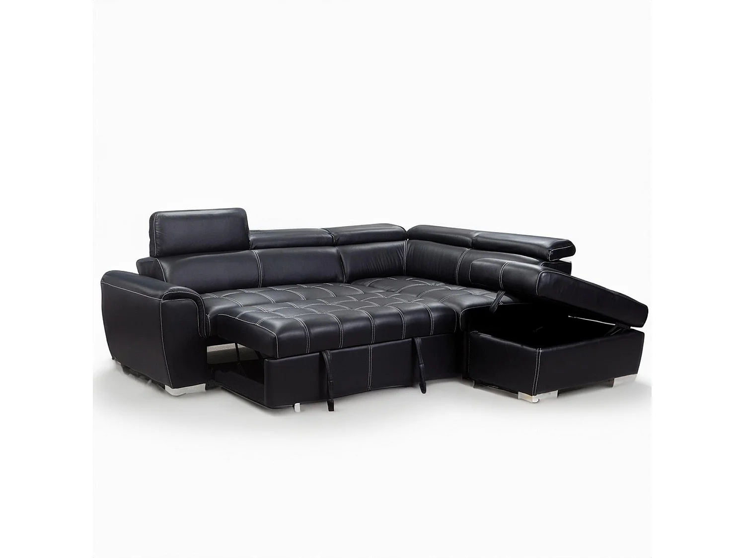 Nevada Black Leather Corner Sofa Bed with Storage Right Hand Facing
