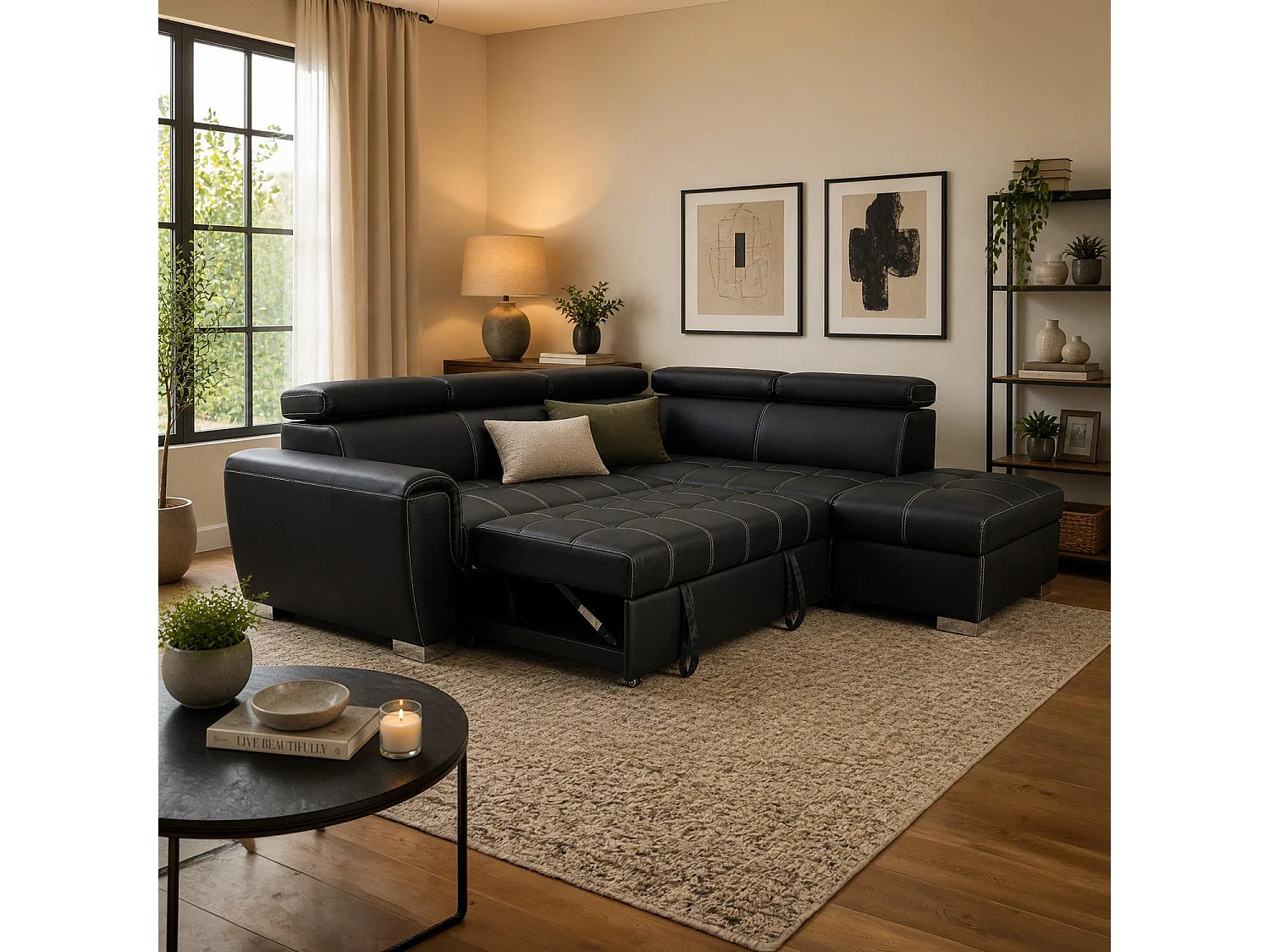 Nevada Black Leather Corner Sofa Bed with Storage Right Hand Facing