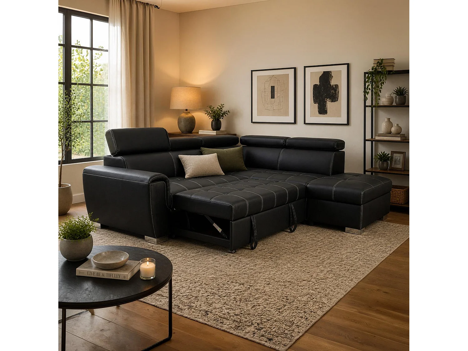 Nevada Black Leather Corner Sofa Bed with Storage Right Hand Facing