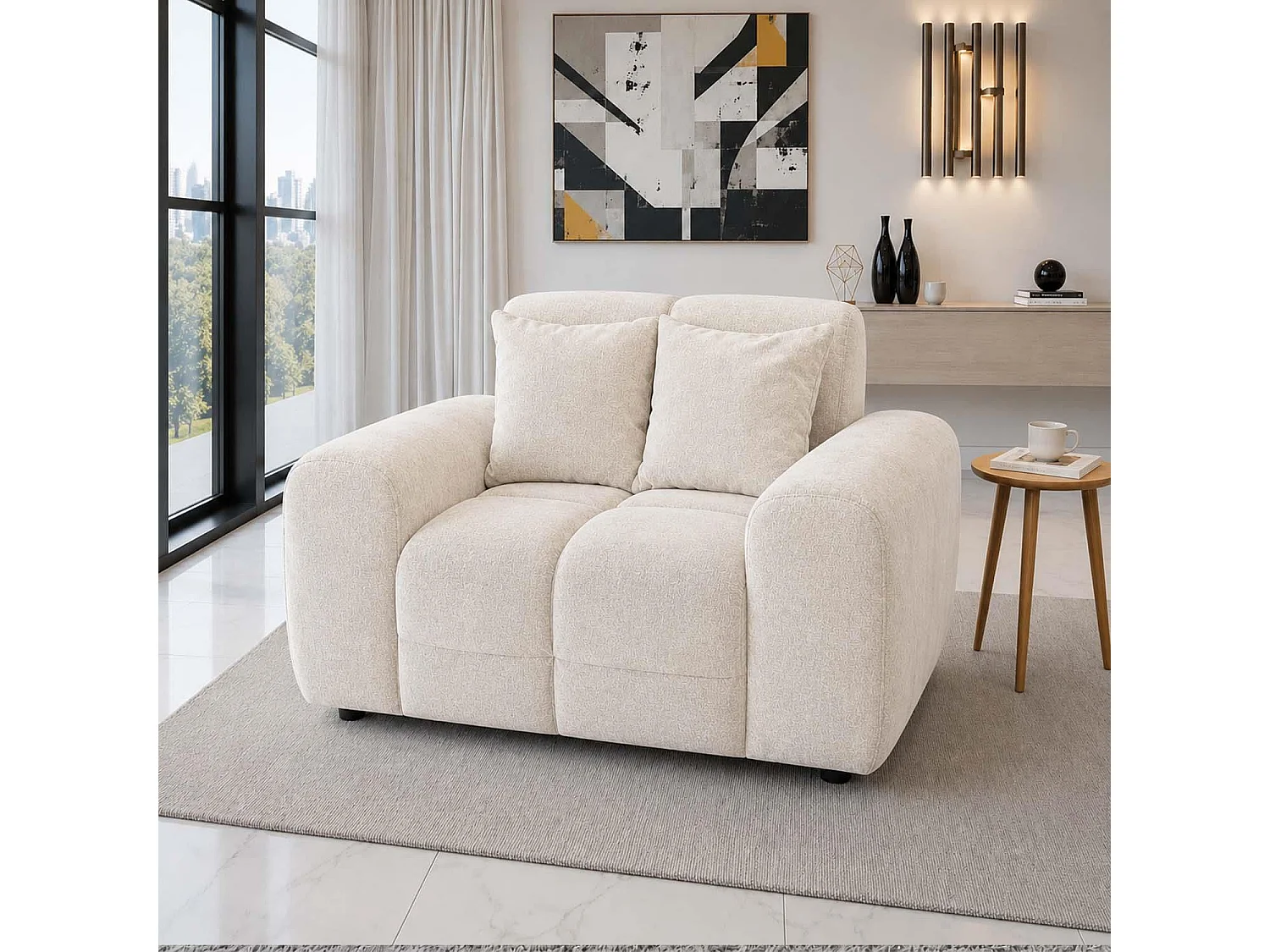 Jenson Natural Plush Velvet Armchair with Deep Seat & Thick Boxed Arms