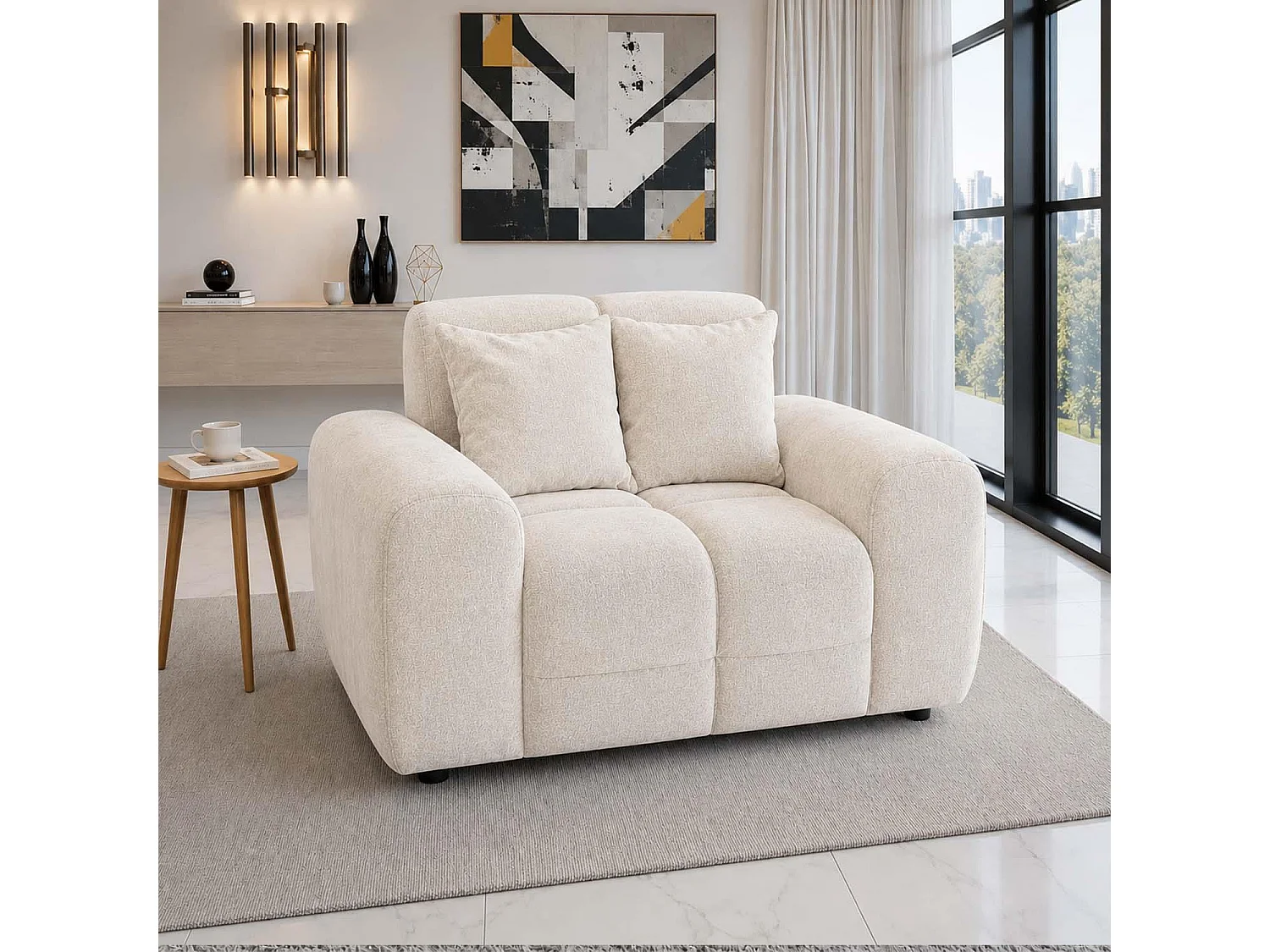 Jenson Natural Plush Velvet Armchair with Deep Seat & Thick Boxed Arms