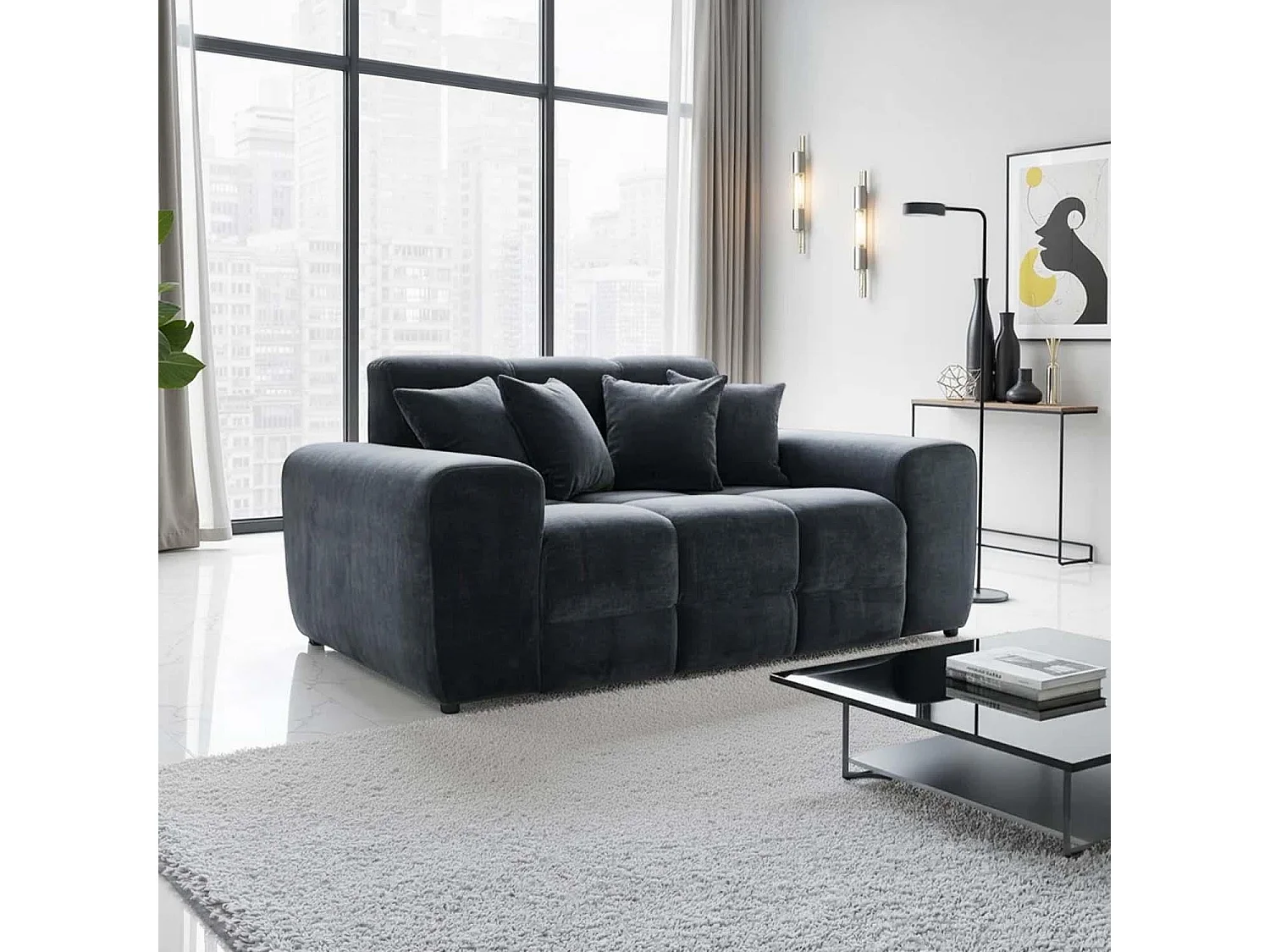 Jenson Black Plush Velvet 3 + 2 Seater Sofa Set with Deep Seats