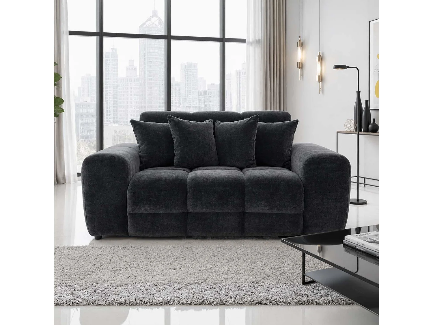 Jenson Black 2 Seater Plush Velvet Sofa with Deep Seats