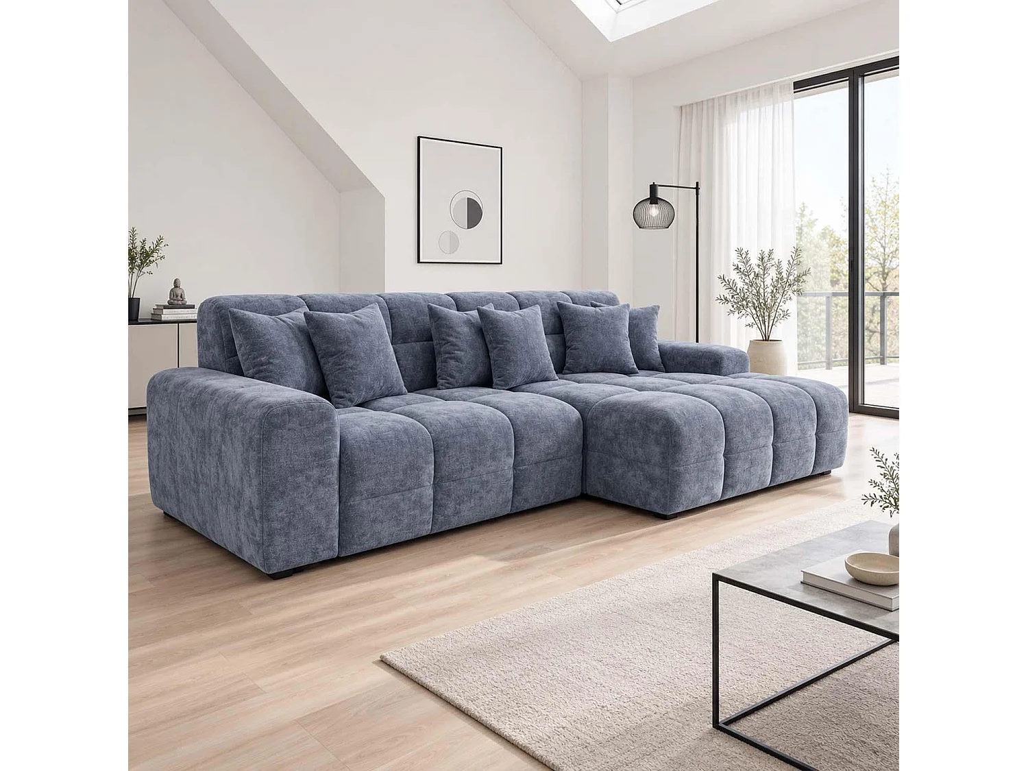 Jenson Grey Right Hand Facing Plush Velvet Corner Sofa with Chaise