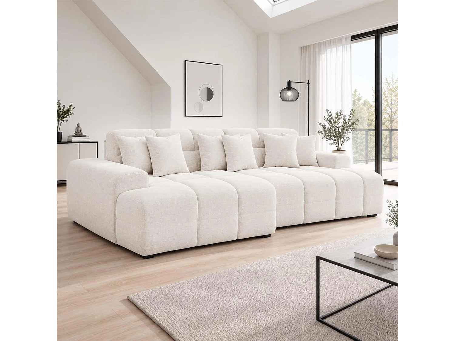 Jenson Natural Left Hand Facing Plush Velvet Corner Sofa with Chaise