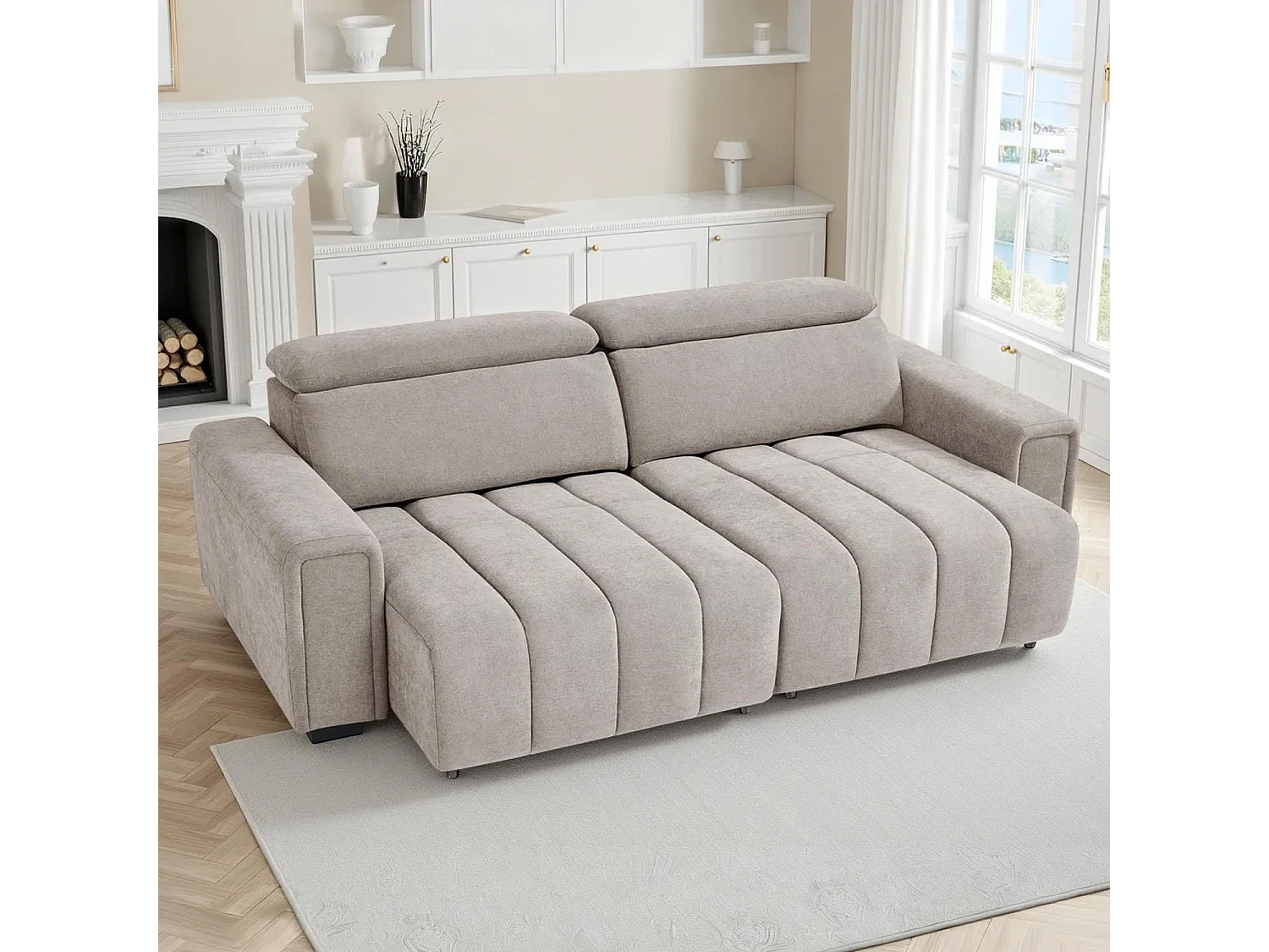 Millie Beige 3 Seater Electric Sliding Sofa Adjustable Headrests