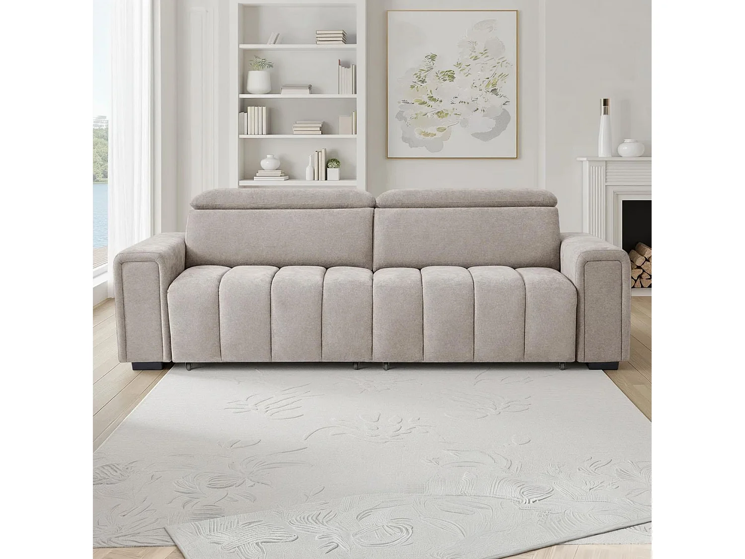Millie Beige 3 Seater Electric Sliding Sofa Adjustable Headrests