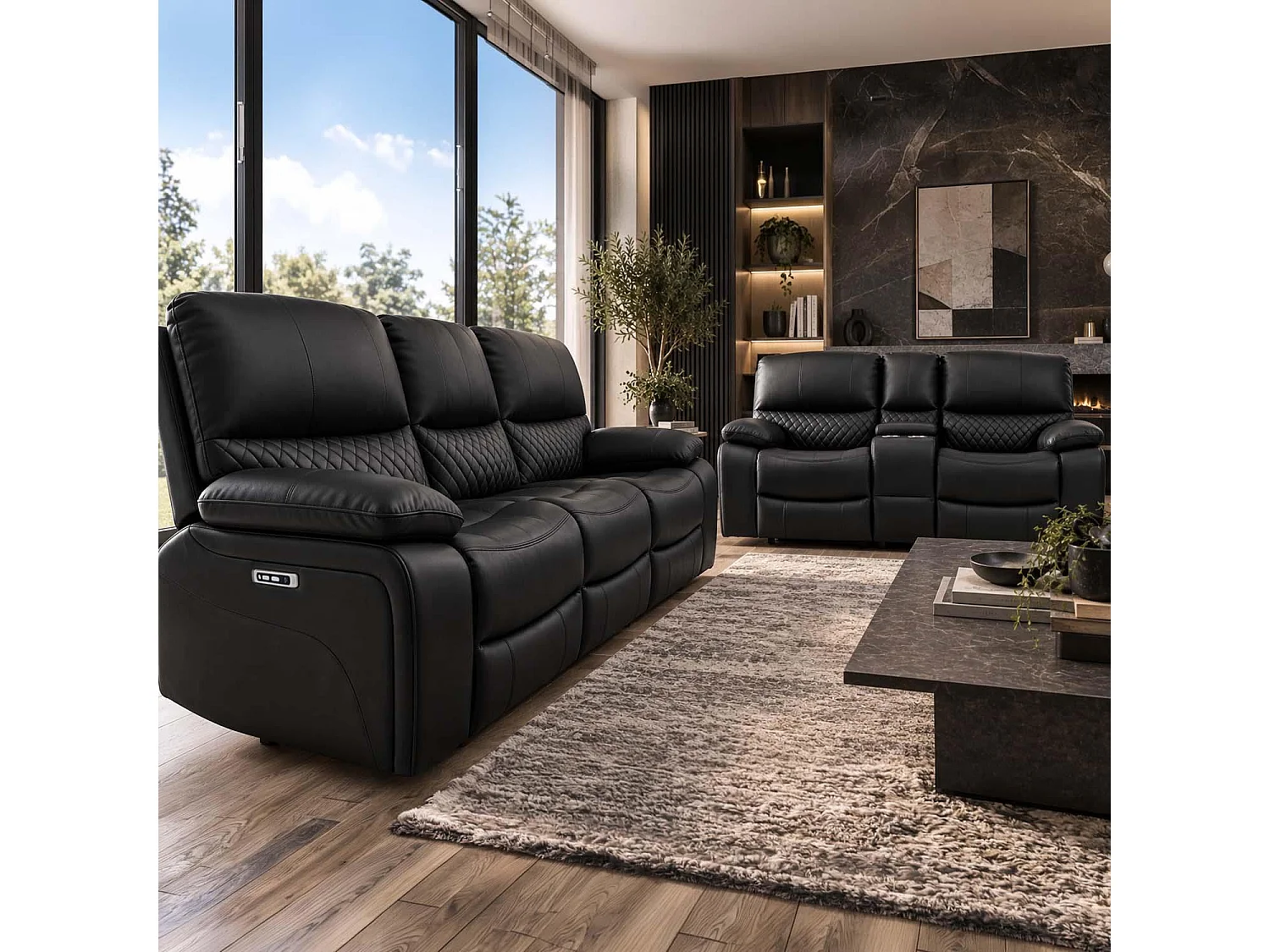 Bentley Black Electric Recliner Sofa Suite 3 + 2 Seater, Eco Leather