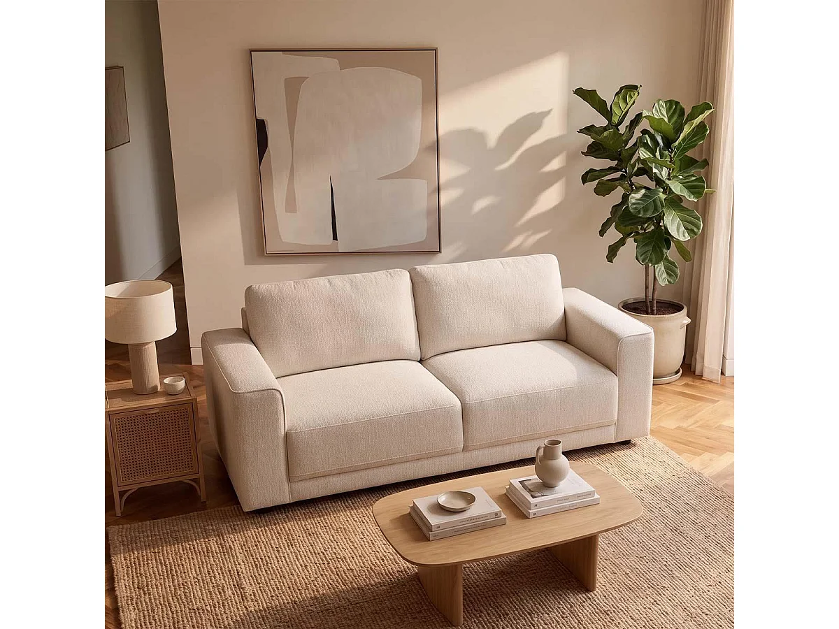 Melrose 2 Seater Woven Beige Fabric Sofa with Removable Back Cushions