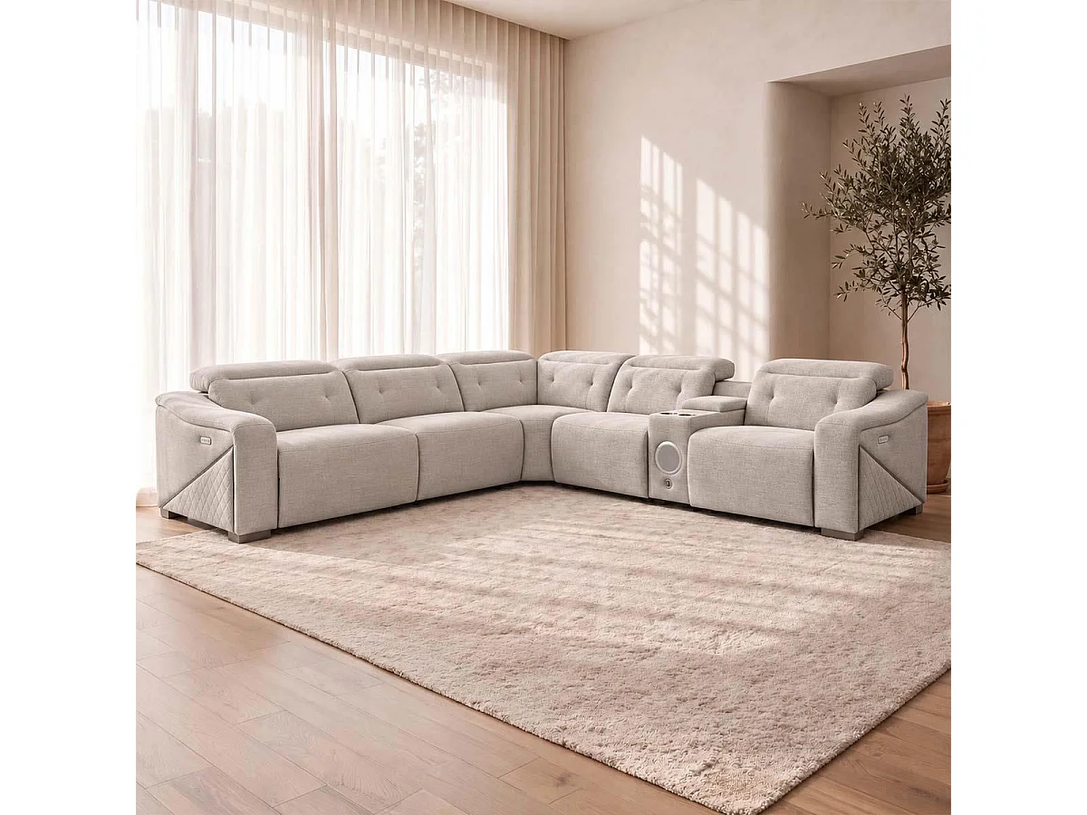 Oxley Beige 5 Seater Electric Recliner Corner Sofa Bluetooth Speakers
