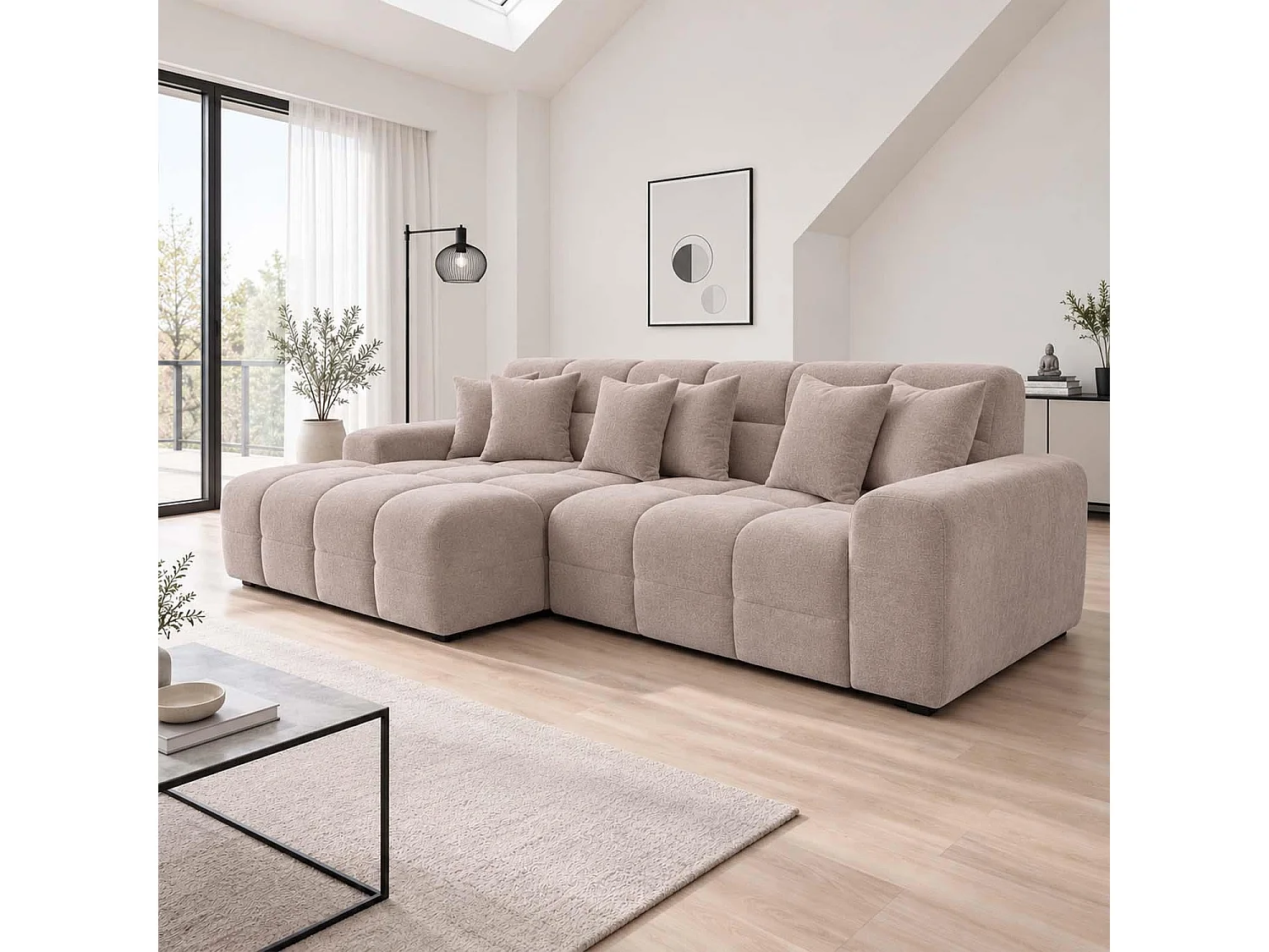 Jenson Beige Left Hand Facing Plush Velvet Corner Sofa with Chaise