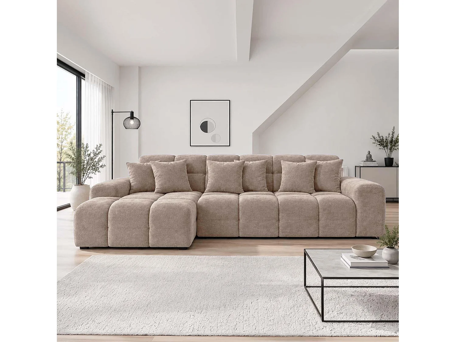Jenson Beige Left Hand Facing Plush Velvet Corner Sofa with Chaise
