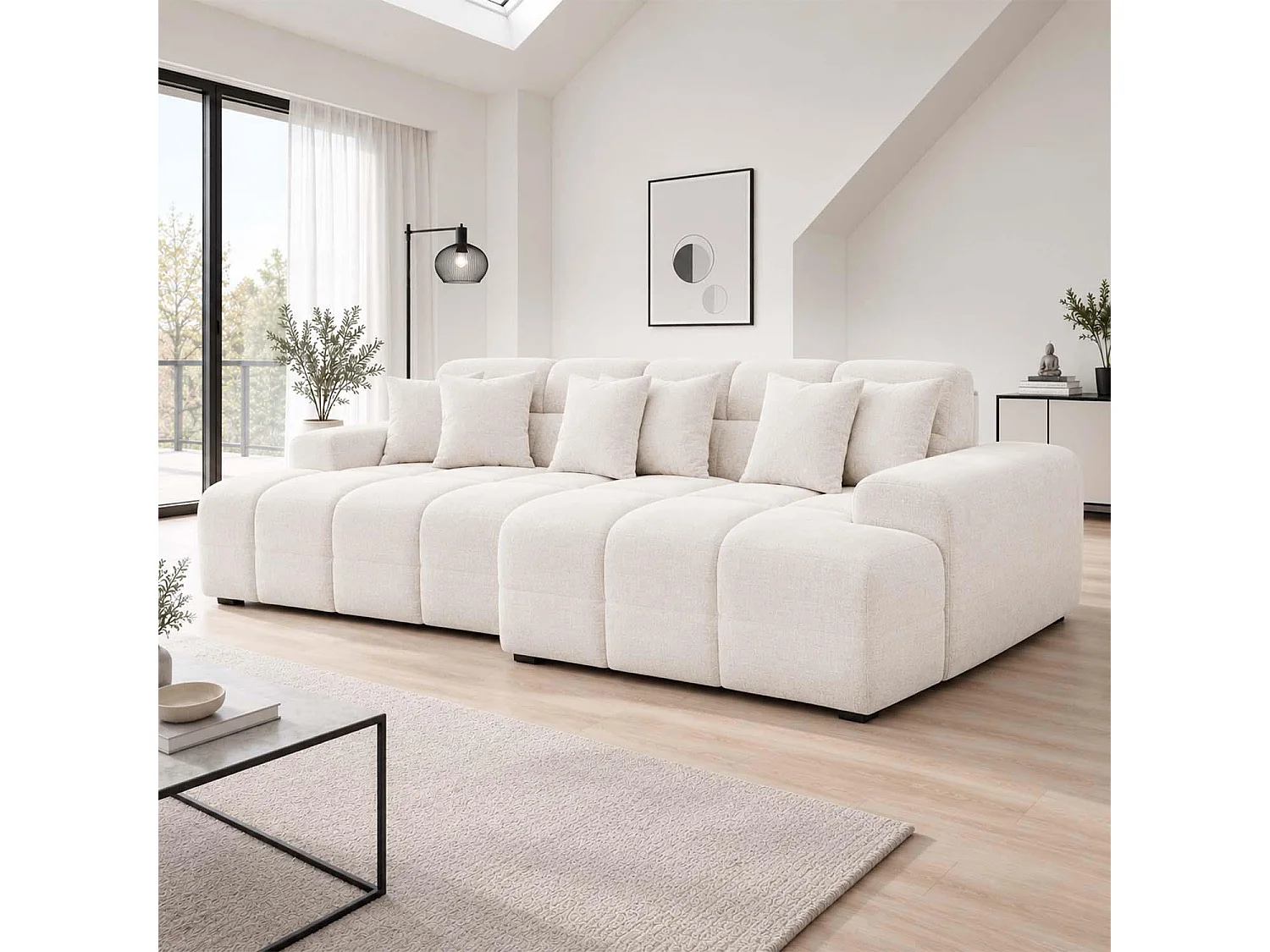 Jenson Natural Right Hand Facing Plush Velvet Corner Sofa with Chaise