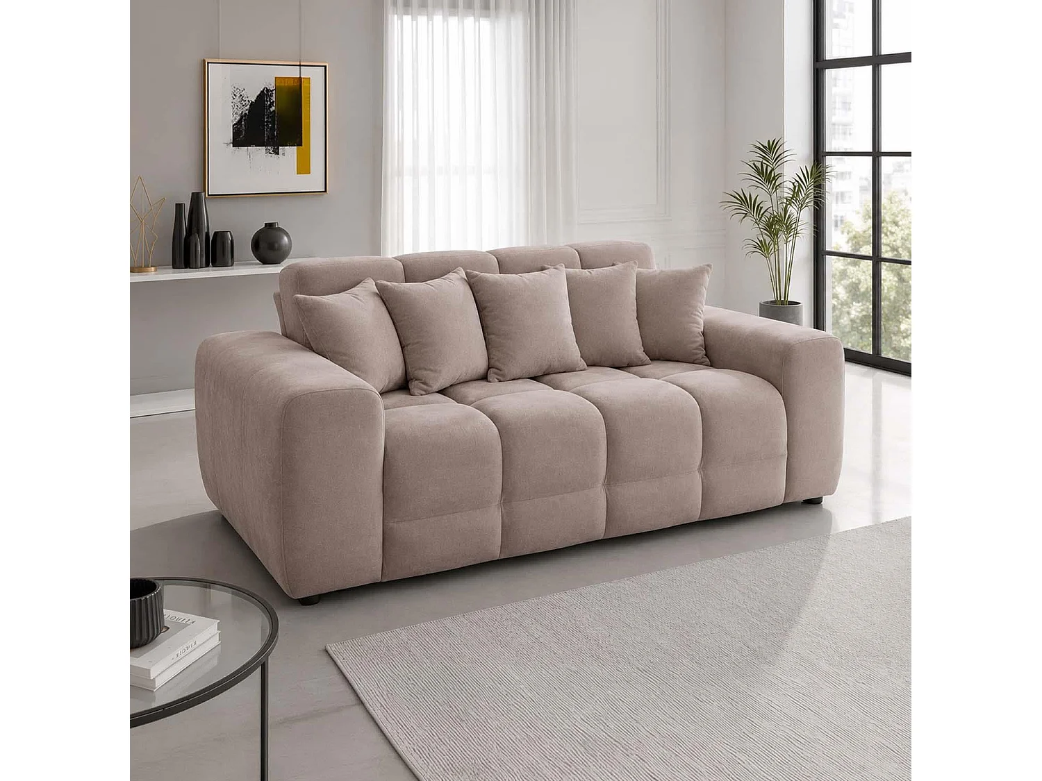 Jenson Beige Plush Velvet 3 + 2 Seater Sofa Set with Deep Seats