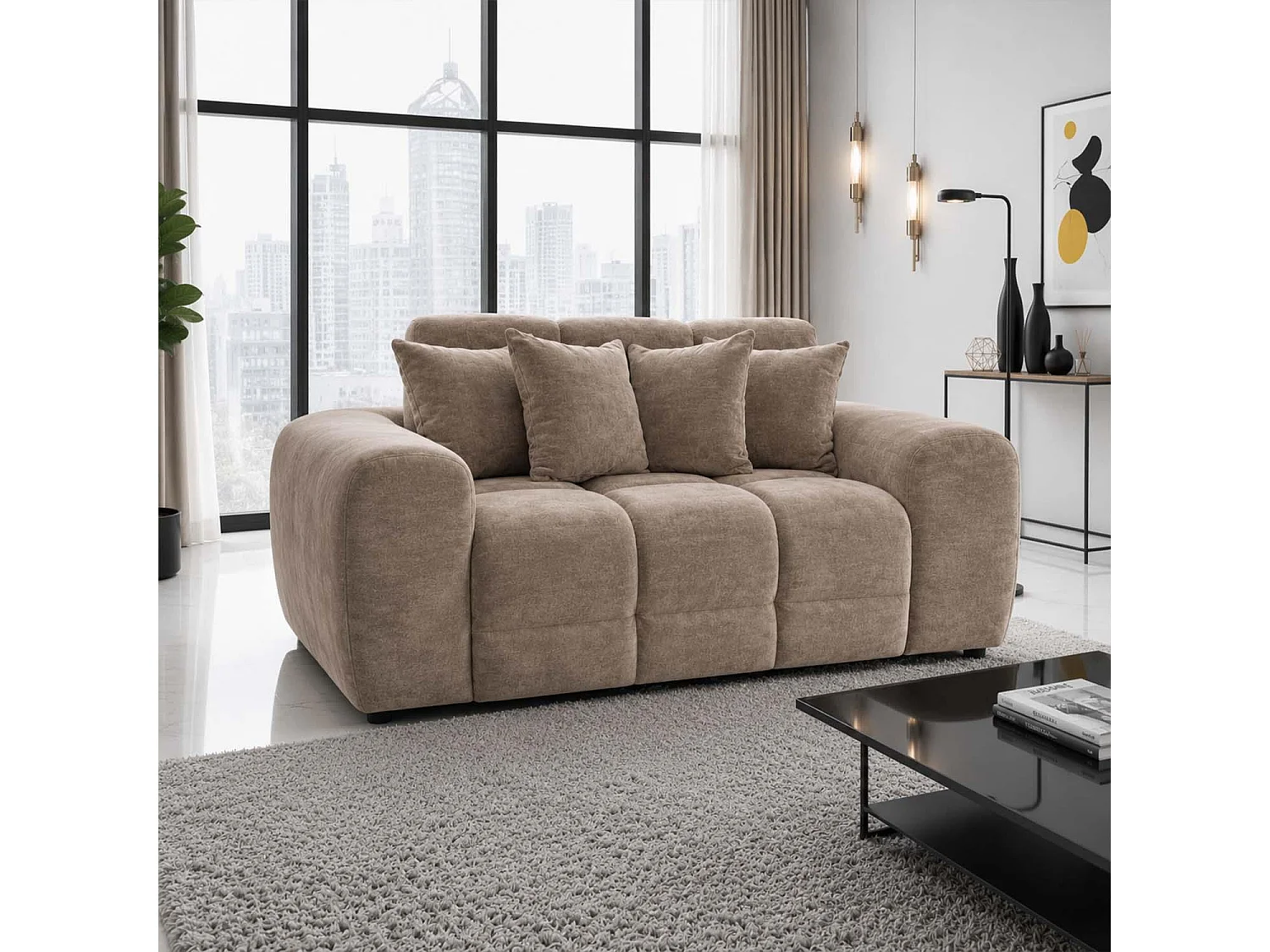 Jenson Beige Plush Velvet 3 + 2 Seater Sofa Set with Deep Seats